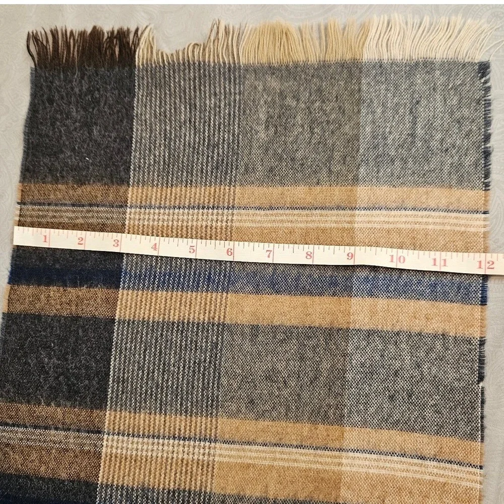 Vintage Halstom Plaid Winter Scarf Grey Navy Tan Fringed Soft Woven Wrap